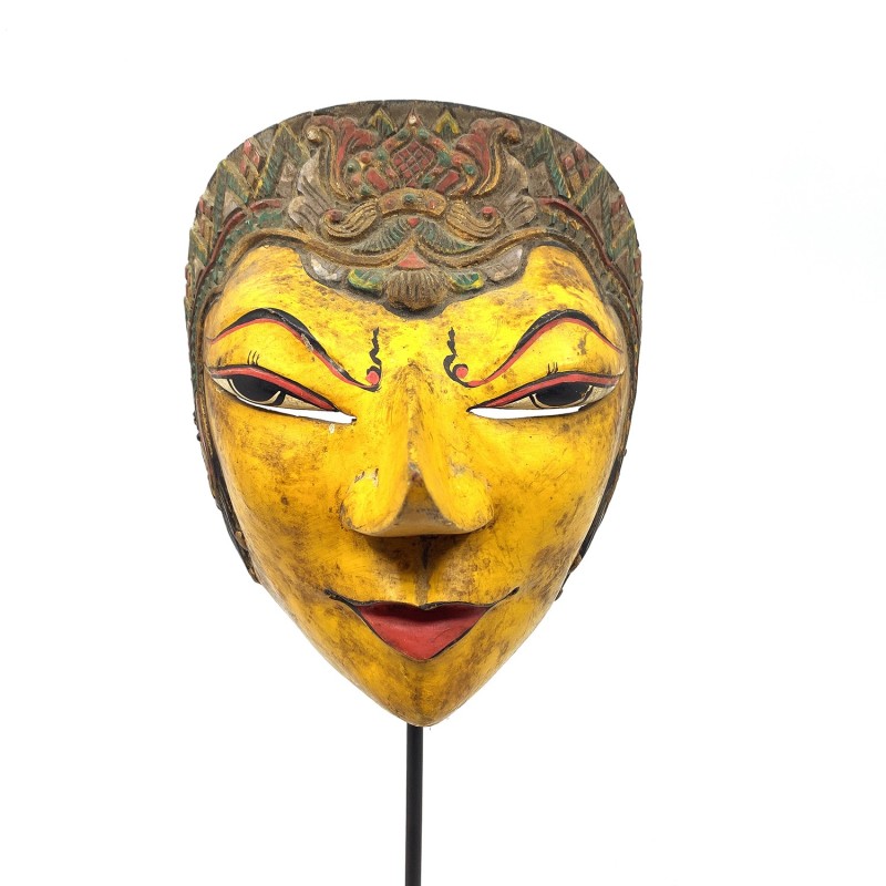 Masque javanais  Wayang Topeng  ancien, personnage jaune, en bois sculpté peint
