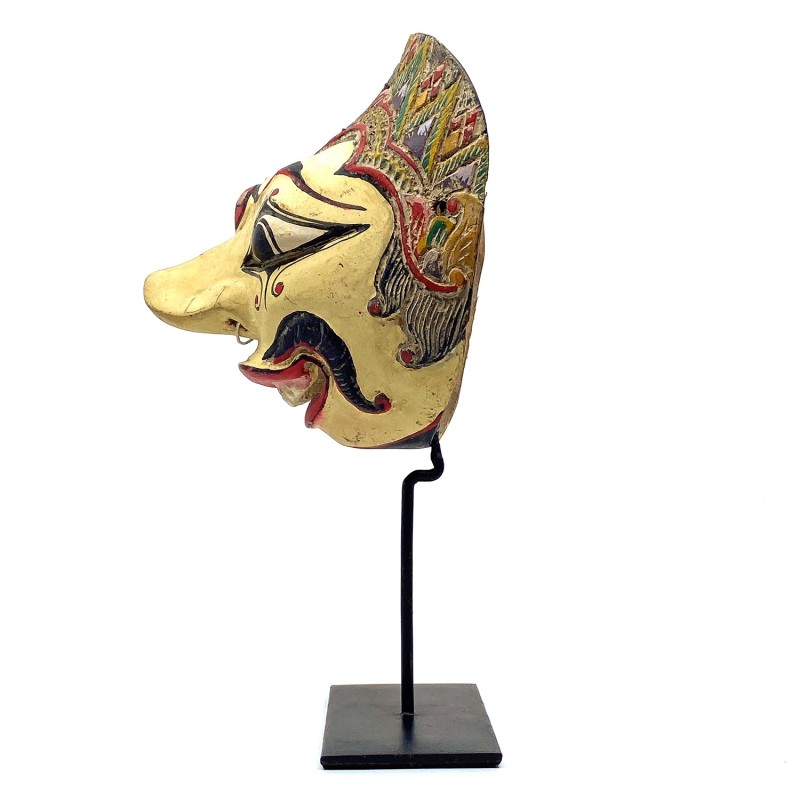 Masque javanais  Wayang Topeng  ancien, personnage beige moustaches, en bois sculpté peint