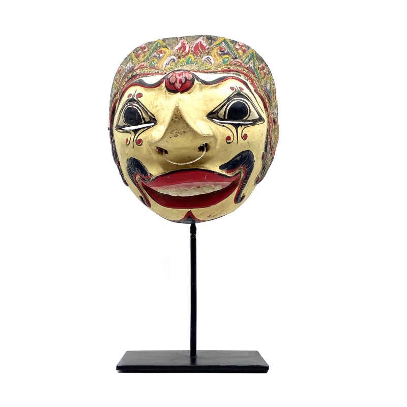 Masque javanais  Wayang Topeng  ancien, personnage beige moustaches, en bois sculpté peint