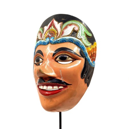 Masque javanais  Wayang Topeng, coiffe fleurie, en bois sculpté peint