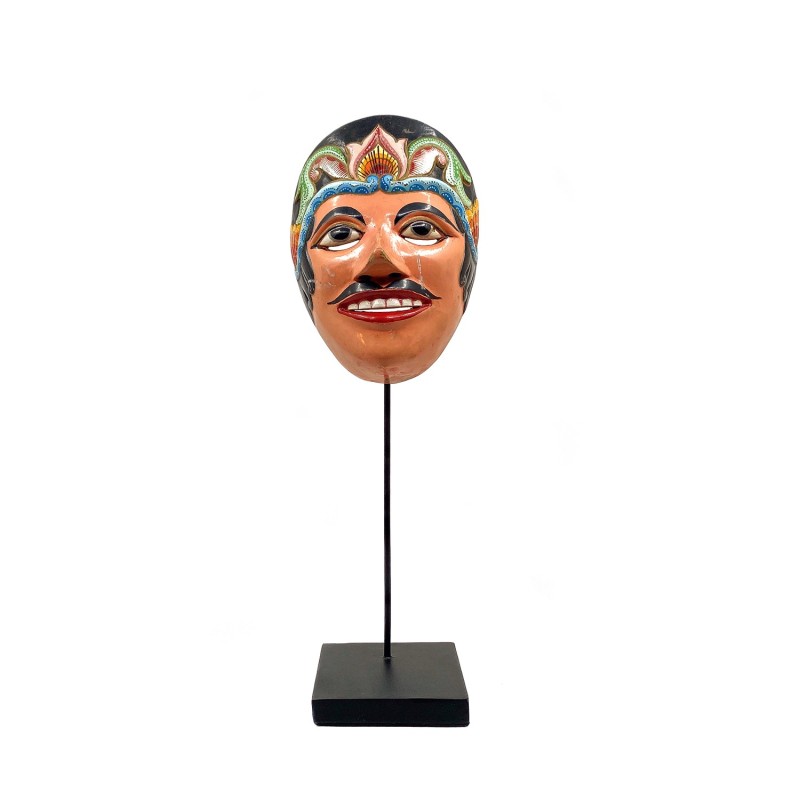 Masque javanais  Wayang Topeng, coiffe fleurie, en bois sculpté peint