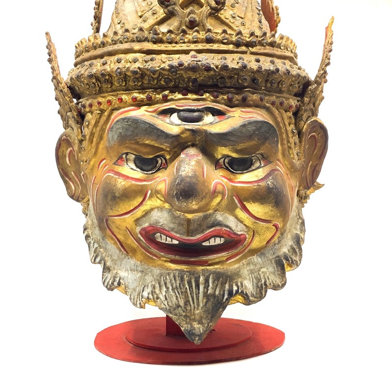 Masque Khon thaïlandais ancien, en papier mâché, utilisé dans des spectacles dansés royaux, personnage de l'hermite